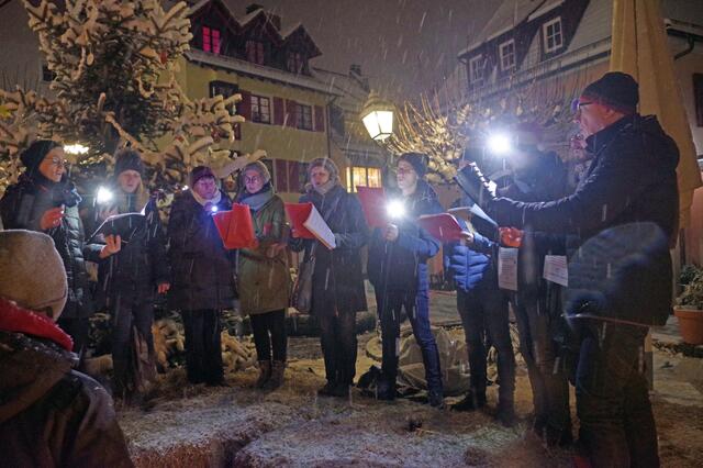Richtig schöne Winterstimmung konnten die vielen hundert Besucher des Gustav-Hammer-Platzes zum Stockacher Winterzauber genießen. Zum Beispiel mit den "Criminal Harmonists", die sich von Dunkelheit und Schneegestöber nicht einschränken ließen in ihrer Leidenschaft für den Gesang - und die sich übrgrigens gerne über weitere MitsängerInnen freuen würden, wie auf umgehängten Schildern deutlich machten. | Foto: Fiedler