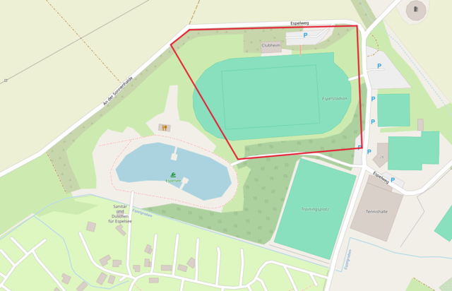 Etwa innerhalb des roten Rahmens soll anstatt des Espelstadions ein Natur-Badesee im Tengener Norden entstehen.  | Foto: Screenshot: openstreetmap/Anja Kurz