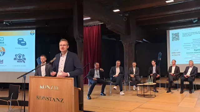 Sie zeigten Beispiele für die regionale Beteiligung an der Wasserstoffwirtschaft aus der Region. Links David Dittlinger und Jens Schule bei ihrere Präsentation. Recht die Diskussionsrunde der Unternehmer, von links: Oliver Maier, David Dittlinger, Jens Schuler, Pascal Kurz, Marc Oeßel und Wilfried Rapp. | Foto: Sebastian Ridder