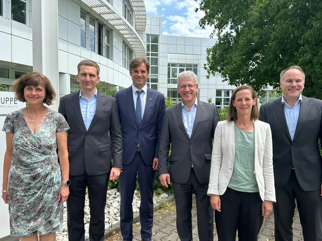 von links: Regina Schlecker, Wirtschaftsförderin Stadt Stockach; Maximilian Eberl, CRO, ETO GRUPPE; Landrat Zeno Danner, Landkreis Konstanz; Patrick Boos, COO, ETO GRUPPE; Dr. Katrin Roth, Amtsleiterin für Klimaschutz und Kreisentwicklung; Hubertus Stroetmann, CFO, ETO GRUPPE  | Foto: Tamara Jahnke, ETO GRUPPE