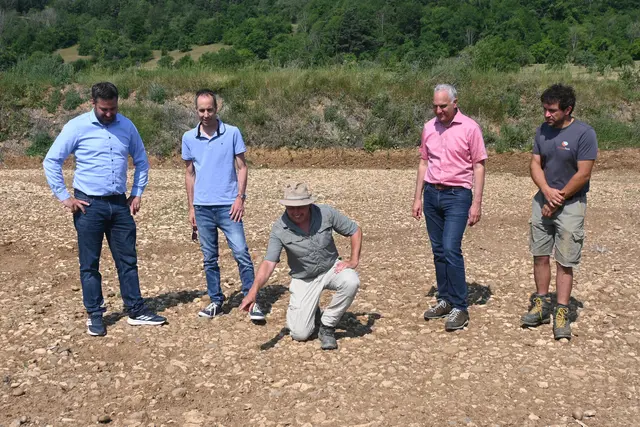 Christian Rebmann, Bereichsleiter von Storz Baustoffe (von links), Bürgermeister Frank Harsch, Kreisarchäologe Dr. Jürgen Hald, Philipp Gärtner, Dezernet für Umwelt und Kreisentwicklung und Andreas Gutekunst von Archaeotask auf der Grabungsstelle bei Anselfingen. | Foto: Tobias Lange