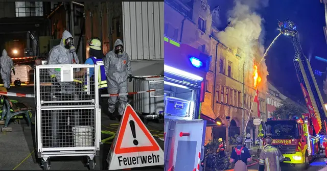 Einsatzkräfte der Werkfeuerwehr Fondium und des Gefahrenzugs Radolfzell beim Einsatz wegen Schwefelsäureaustritt im August 2024. Daneben Bilder vom Altstadtbrand in Konstanz.  | Foto: Collage: Sebastian Ridder Bilder: Feuerwehr Konstanz und Werkfeuerwehr Fondium