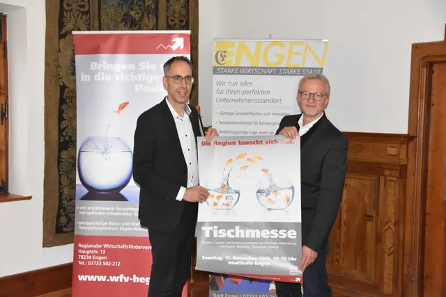 Freuen sich schon auf die 13. Engener Tischmesse am 15. November: Bürgermeister Frank Harsch (links) und Wirtschaftsförderer Peter Freisleben. | Foto: Philipp Findling