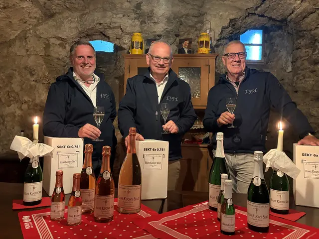 Laufnarrenvater Michael Zehnle (von links), Narrenrichter Jürgen Koterzyna und Kämmerer Martin Bosch präsentieren den Jubiläumssekt zum 675. Geburtstag des Stockacher Narrengerichts. Davon gibt es auch eine Rosé-Variante, die sich geschmacklich aber nicht verändert. | Foto: Tobias Lange