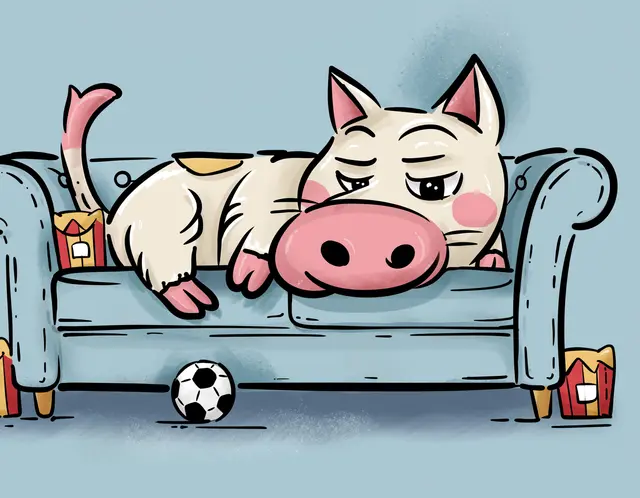 So stellt sich eine Künstliche Intelligenz den Schweinehund vor: Bequem auf dem Sofa liegend. Der Kerl macht es so manch einem schwer, sich an die Neujahrsvorsätze zu halten. Es gibt jedoch einige Tricks, um dem Schweinehund das Steuer aus der Hand zu nehmen. | Foto: swb-Bild: Adobe Firefly - KI-generiert