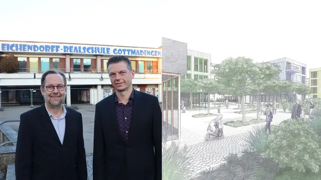 Ein Blick in die Gegenwart und in die Zukunft: So könnte das Gelände bei der Eichendorffschule in Zukunft aussehen. Von Links: Michael Klinger und Emanuel Maier vor der Eichendorff-Realschule in Gottmadingen. Rechts: Eine Konzeptzeichnung der Oekogenogenossenschaft.   | Foto: Collage: Sebastian Ridder Bilder: Sebastian Ridde rund Oekogeno eG