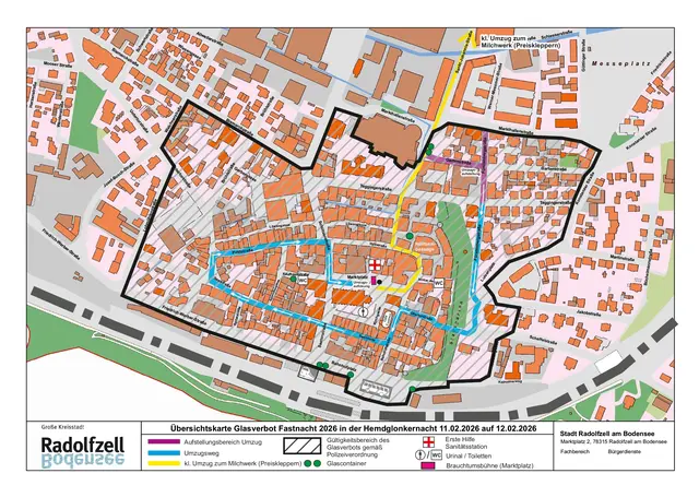 Übersichtskarte Glasverbot Fasnacht 2026 in der Hemdglonkernacht 11.02. auf 12.02.2026. | Foto: Stadt Radolfzell