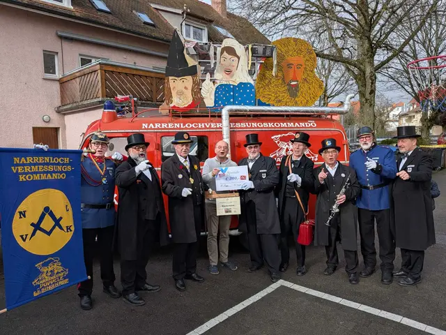 Das Narrenlochvermessungskommando mit ihrem Einsatzwagen und Jürgen Napel im Hof des Kinderheims St. Peter und Paul.  | Foto: Sebastian Ridder