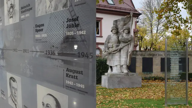 An der Bürgermeistergalerie im Rathaus und der Tafel am Kriegerdenkmal wird es Veränderungen hinsichtlich der Erinnernung an die NS-Zeit geben. Das hat der Gemeinderat in seiner jüngsten Sitzung beschlossen. | Foto: Collage: Sebastian Ridder; Bilder: Sebastian Ridder und Archiv