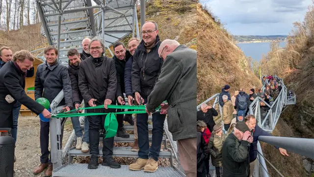 Die Besucher und Verantwortlichen strahlen bei der Wiedereröffnung. Links die Hauptverantwortlichen des Projekt und rechts die ersten Besucher bei der Führung von Matthias Weckbach.  | Foto: Sebastian Ridder
