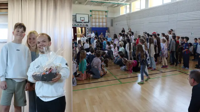 Yannis Fischer zeigt den Schülern die Entfernung, die er mit seinem persönlichen Rekordstoß geworfen hat. Links: Die Klassensprecher der 4b, Lika Mühlherr und Theodor Rau, mit Yannis Fischer.    | Foto: Milena Barjasic