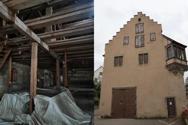 Seit 1570 steht das Kornhaus. Jetzt soll es vom Dachstuhl bis in den Keller saniert werden. Links ist das Obergeschoss zu sehen und rechts die Außenfassade des Kornhauses. | Foto: Pia Schaible