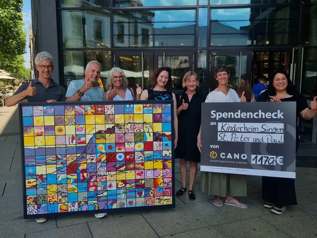 Die Übergabe von Spende und Gemeinschaftskunstwerk vor dem CANO in Singen. | Foto: Pia Schaible