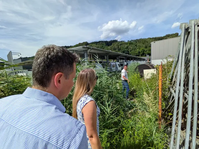 Der Geschäftsführer von Lindenmayer Bau, Daniel Lindenmayer zeigt den Landtagsabgeordneten, Christoph Stetter und Saskia Frank, Löcher durch einen unterirdischen Biberbau neben seinem Firmengelände. | Foto: Sebastian Ridder