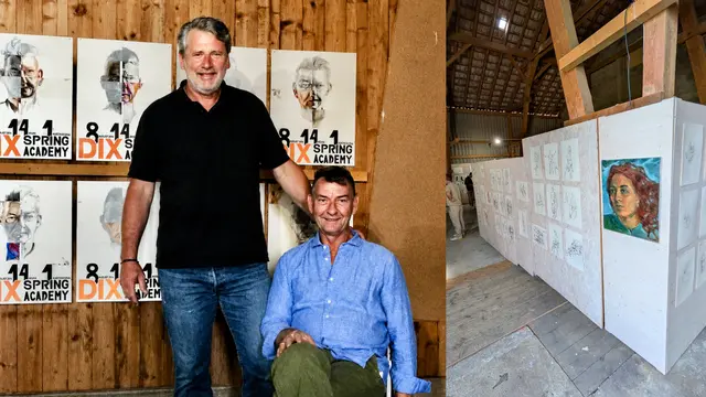 Die Retter der vierten und fünften Auflage der Dix Spring Academy in der linken Bildseite. Michael Hörlacher (links) und Tom Leonhardt (rechts) konnten das baden-württembergweite Kunstprojekt vor dem Ende bewahren. Rechts die Vernissage der Dix-Spring-Academy aus diesem Jahr.  | Foto: Förderverein Museum Haus Dix und Sebastian Ridder