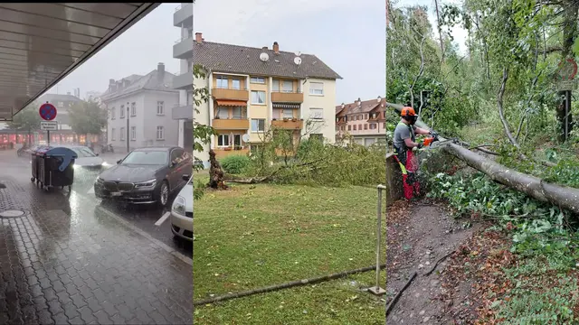 Heftige Windböen und Starkregen ziehen wie, links in der Kernstadt über Singen auf. In Stadteilen, wie in der Südstadt, wie in der Bildmitte zu sehen, sorgte das Unwetter für große Schäden und umgestürzte Bäume. Die Feuerwehr Singen ist bereits mit Aufräumarbeiten beschäftigt, wie rechts zu sehen ist.   | Foto: Sebastian Ridder/Privat/Feuerwehr Singen