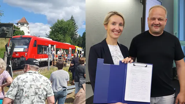Die Reaktivierung der Ablachtalbahn bewegt die Stadt Stockach. Links: eine Sonderfahrt mit Halt im Stadtteil Hoppentenzell vom Schweizer Feiertag 2025. Rechts übergibt der Hoppentenzeller Ortsvorsteher 262 Stimmen für die Ablachtalbahn an Stockachs Bürgermeisterin Susen Katter. | Foto: Förderverein Ablachtalbahn &amp; Sebastian Ridder