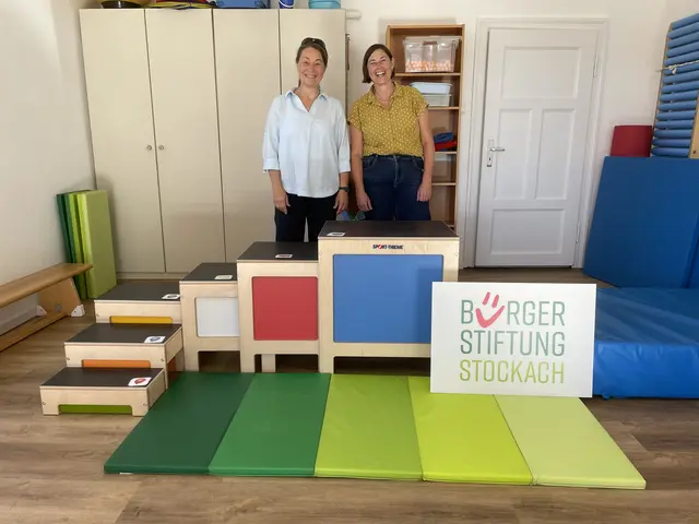 Stefanie Fritz (Bürgerstiftung Stockach) und Regine Norford (Ergotherapeutin Interdisziplinäre Frühförderung und Entwicklungsberatung Stockach) freuen sich über die Hockertreppe für die Caritas. | Foto: Bürgerstiftung Stockach